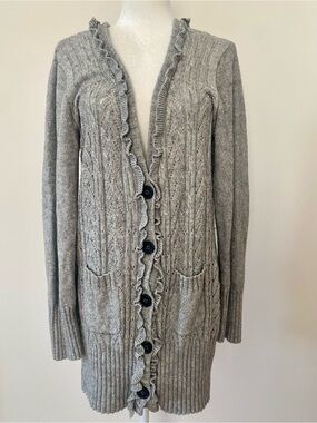 Banana Republic Factory Gray Cable Knit Ruffle Cardigan Sweater Size Large
